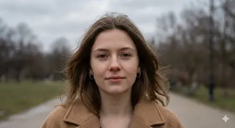 Девушка в свободном пальто позирует на улице в пасмурное утро.