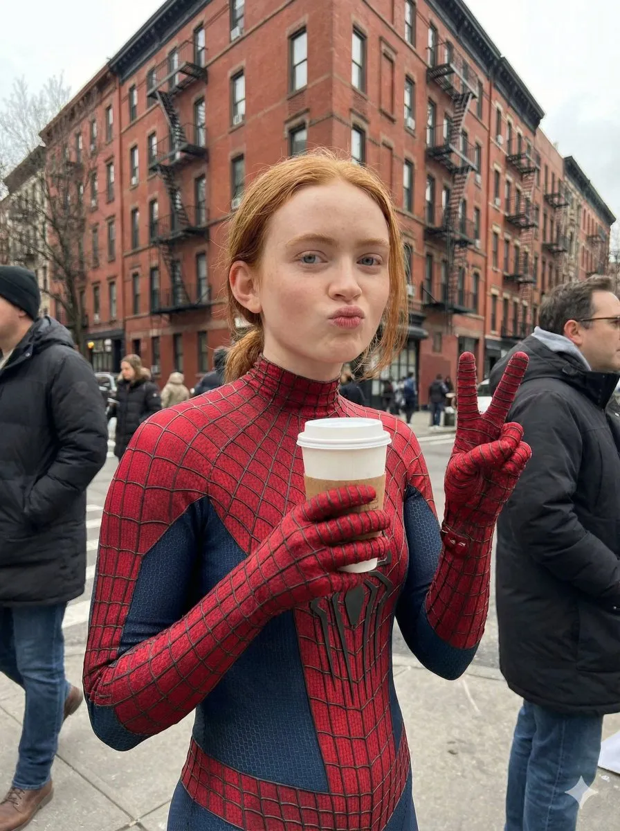 Промпт описывает женщину в костюме Spider-Man на улице New York City с кофейным стаканчиком и жестом мира. · пример 2