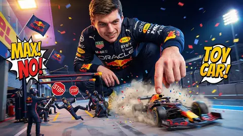 Гигантский Макс Ферстаппен трогает маленькую машину Red Bull, механики разбегаются.