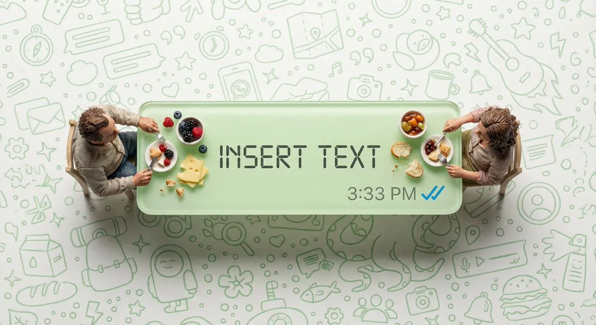 Две миниатюрные девушки сидят на светло-зелёном пузыре WhatsApp, используемом как стол · пример 3