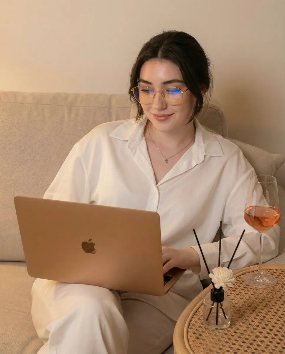 Женщина с золотистыми очками работает за MacBook Pro на светлом диване рядом с бокалом розового вина · пример 2