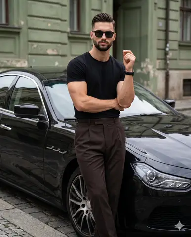 Пример промта для мужского портрета у чёрного Maserati на фоне исторического зелёного фасада.