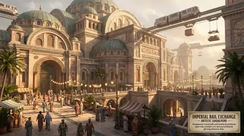 Промпт для художественного изображения фасада большого вокзала в стиле sandalpunk.