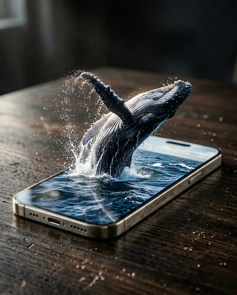 Пример промта для изображения горбатого кита в прыжке внутри экрана iPhone на тёмном деревянном столе.