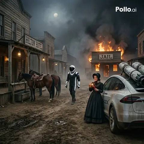 Пример промта для ночной улицы 1852 года с астронавтом, тюрьмой в огне и Tesla с ракетными ускорителями.