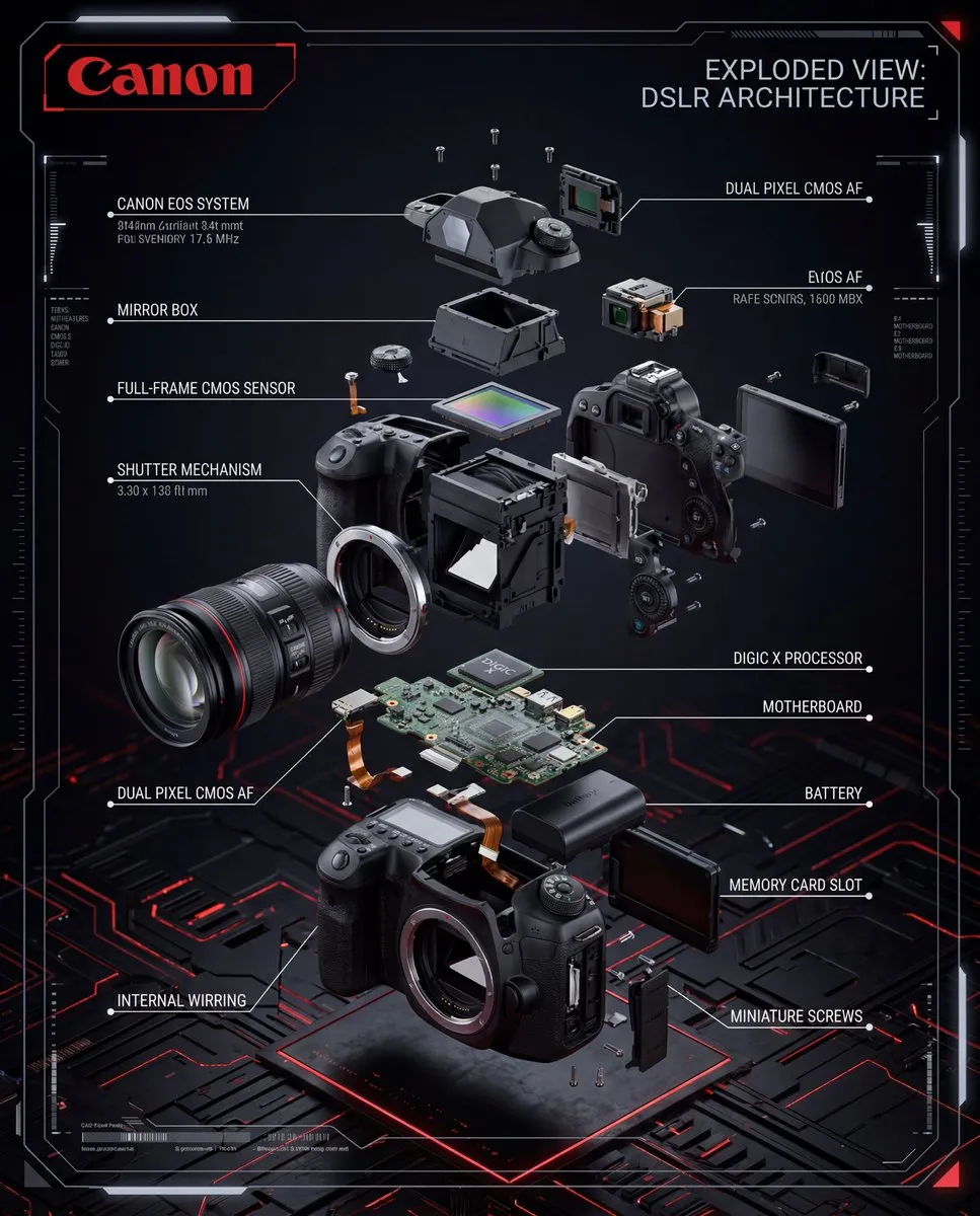 Промпт для технической инфографики с разобранной DSLR-камерой и компонентами.