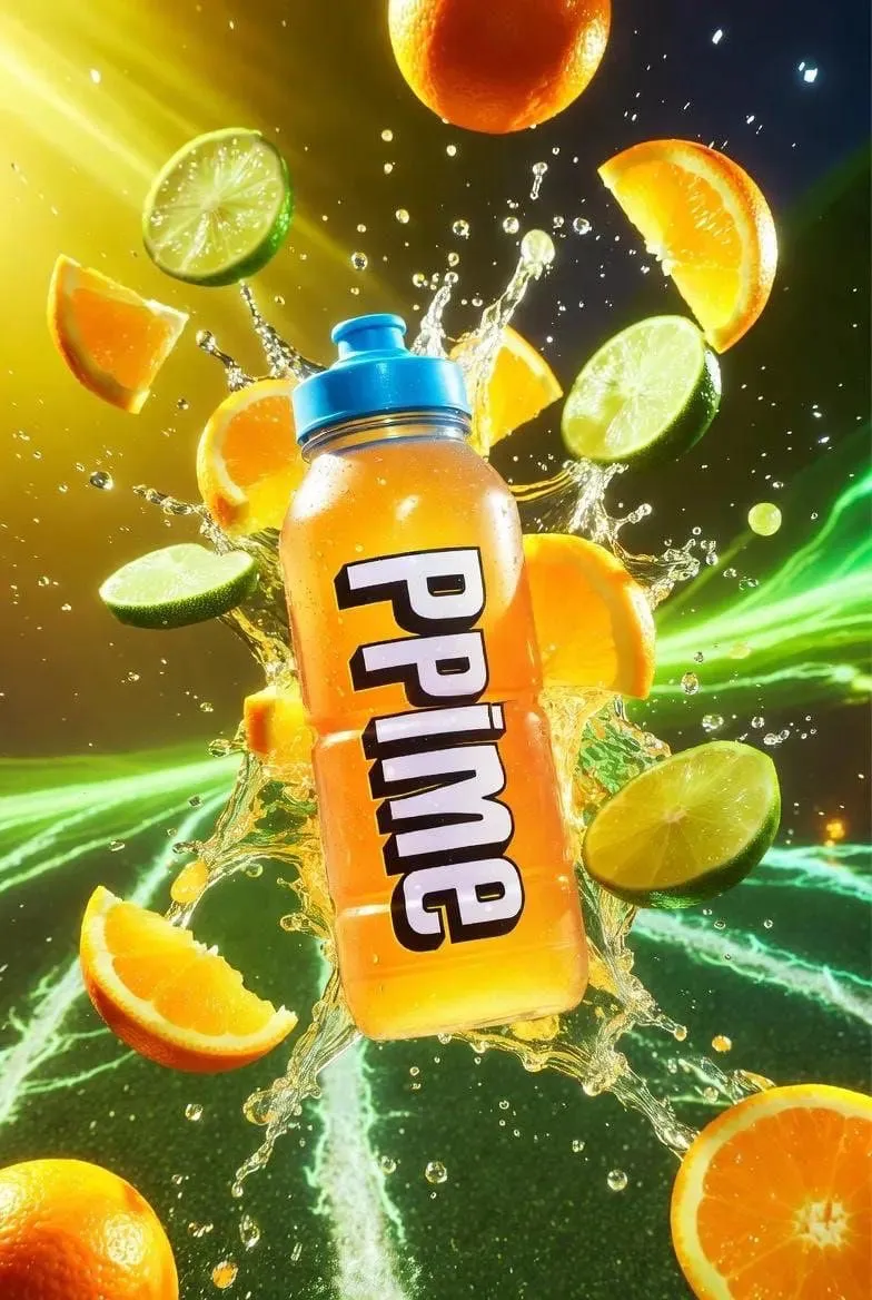 Пример промпта для рекламной фотографии бутылки Prime Hydration среди цитрусов. · пример 4