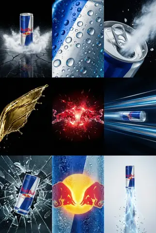 Пример JSON-промпта для коллажа рекламных сцен с банкой Red Bull.