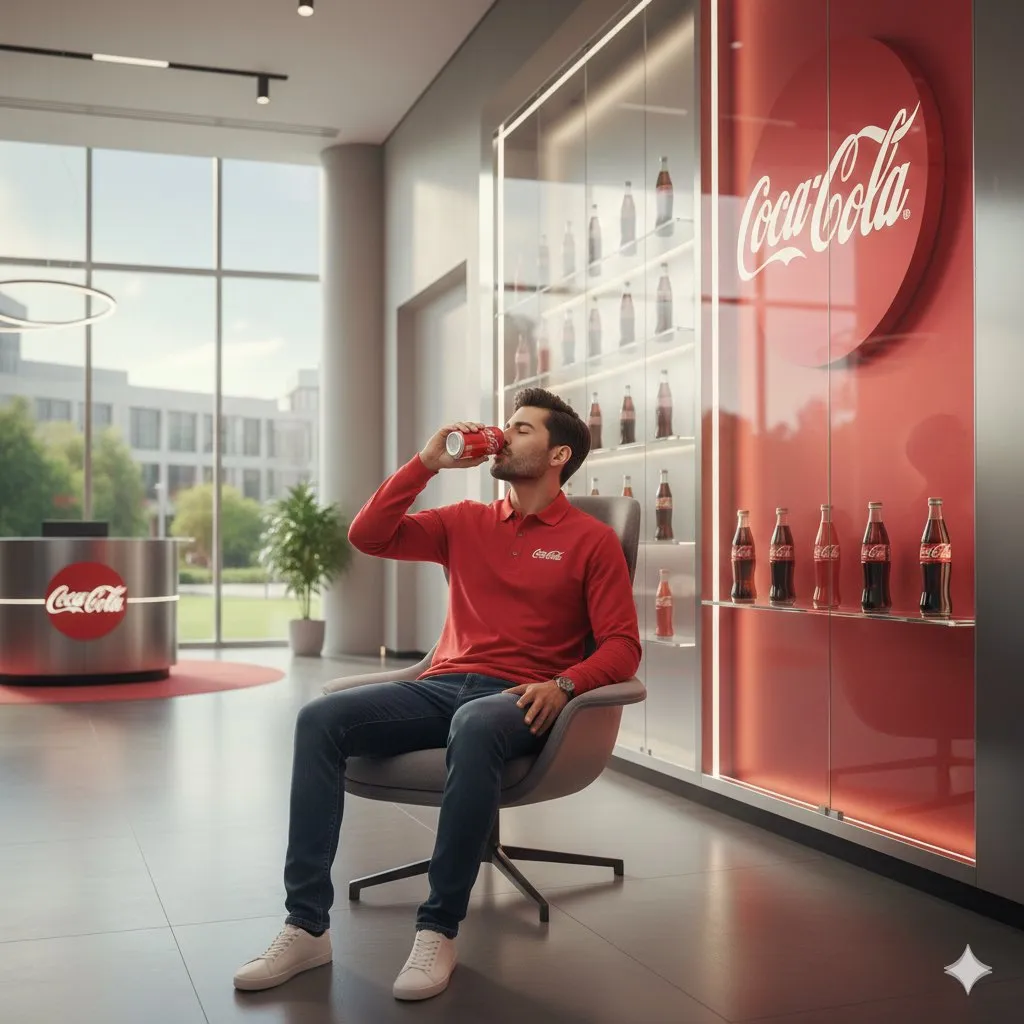 Банка Coca-Cola со всплеском колы и мужчина с напитком в фирменном лобби · пример 3