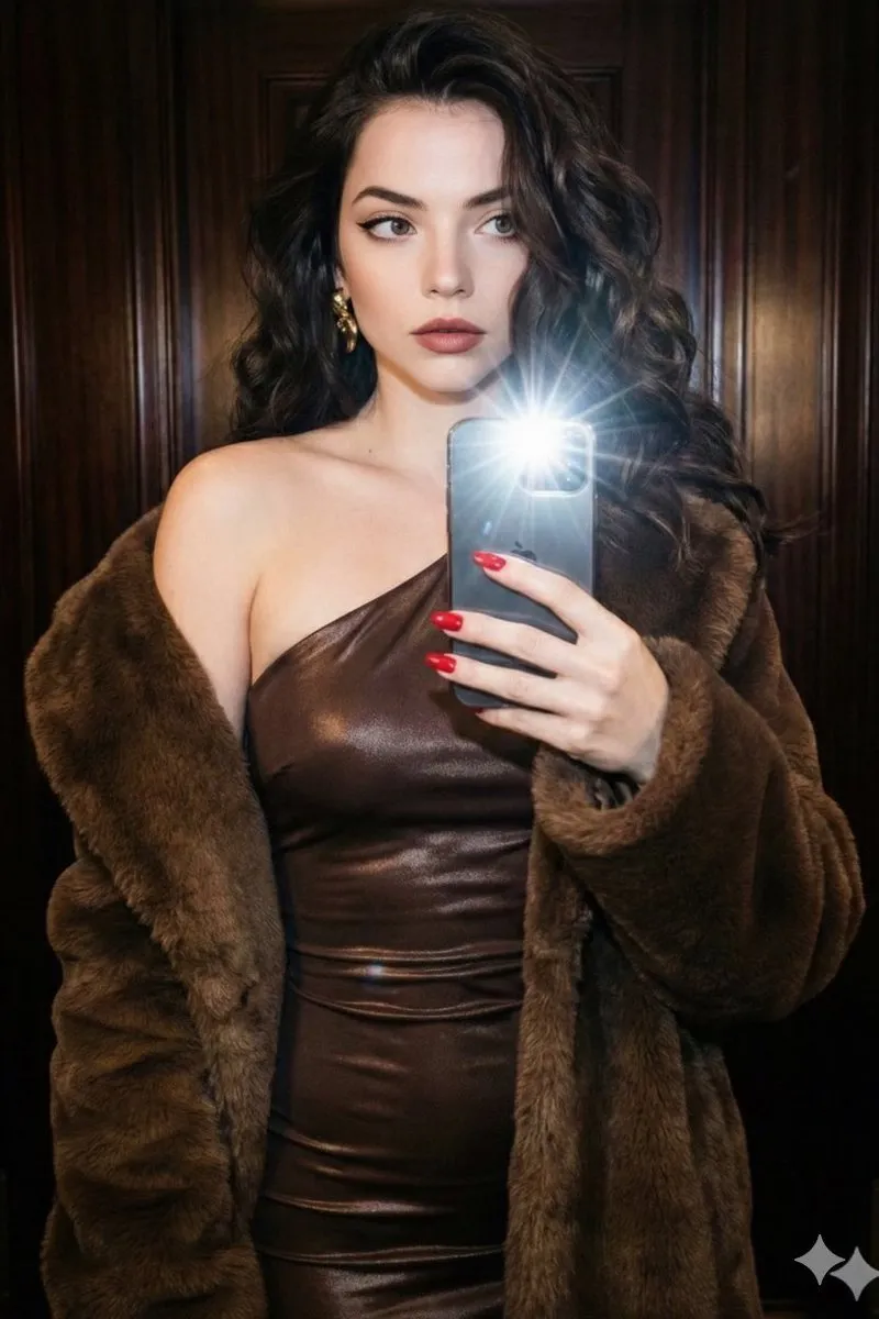 Промпт для ночного селфи женщины, похожей на Ana de Armas, в шоколадном платье и шубе.
