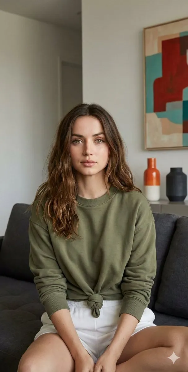 Промпт описывает портрет Ana de Armas в домашнем интерьере с абстрактной картиной и мягким светом. · пример 3