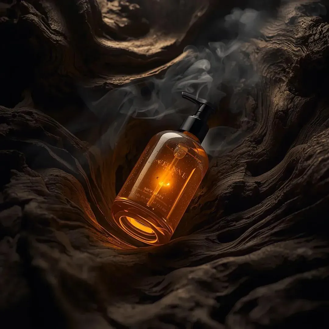 Пример промпта для премиальной фотографии флакона Incense Oud Body Wash среди древесины и дыма ладана. · пример 2