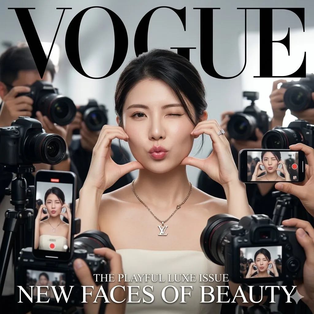 Женщина подмигивает и складывает руками сердце для обложки Vogue. · пример 2