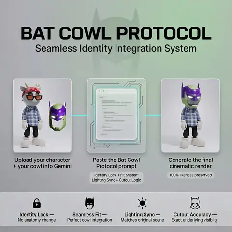 Промпт для добавления маски Bat Cowl к дизайнерской игрушке с сохранением исходного образа.