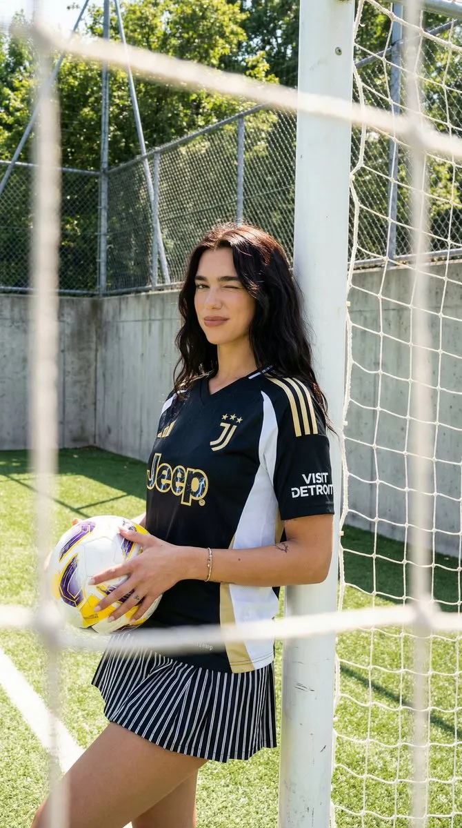 Пример промпта для портрета женщины в форме FC Juventus на футбольном поле. · пример 2