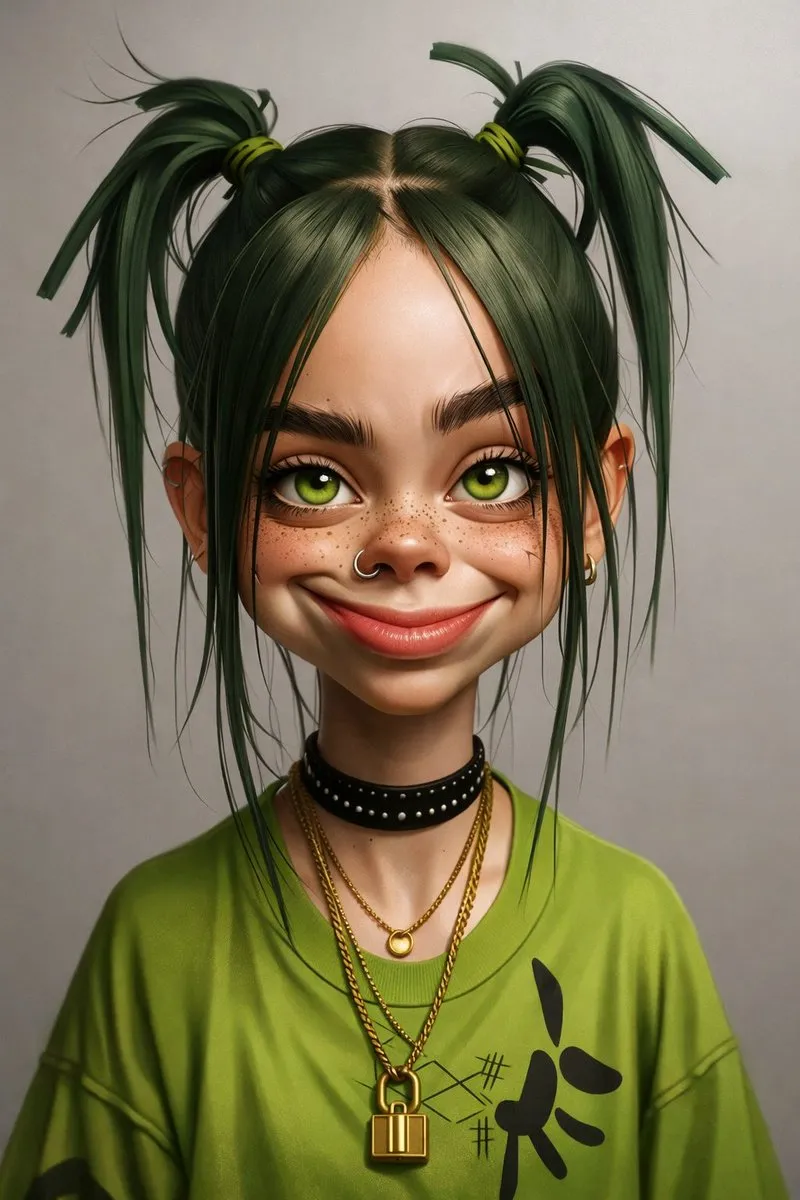 Промпт для 3D-портрета Billie Eilish с тёмно-зелёными волосами и аксессуарами. · пример 2