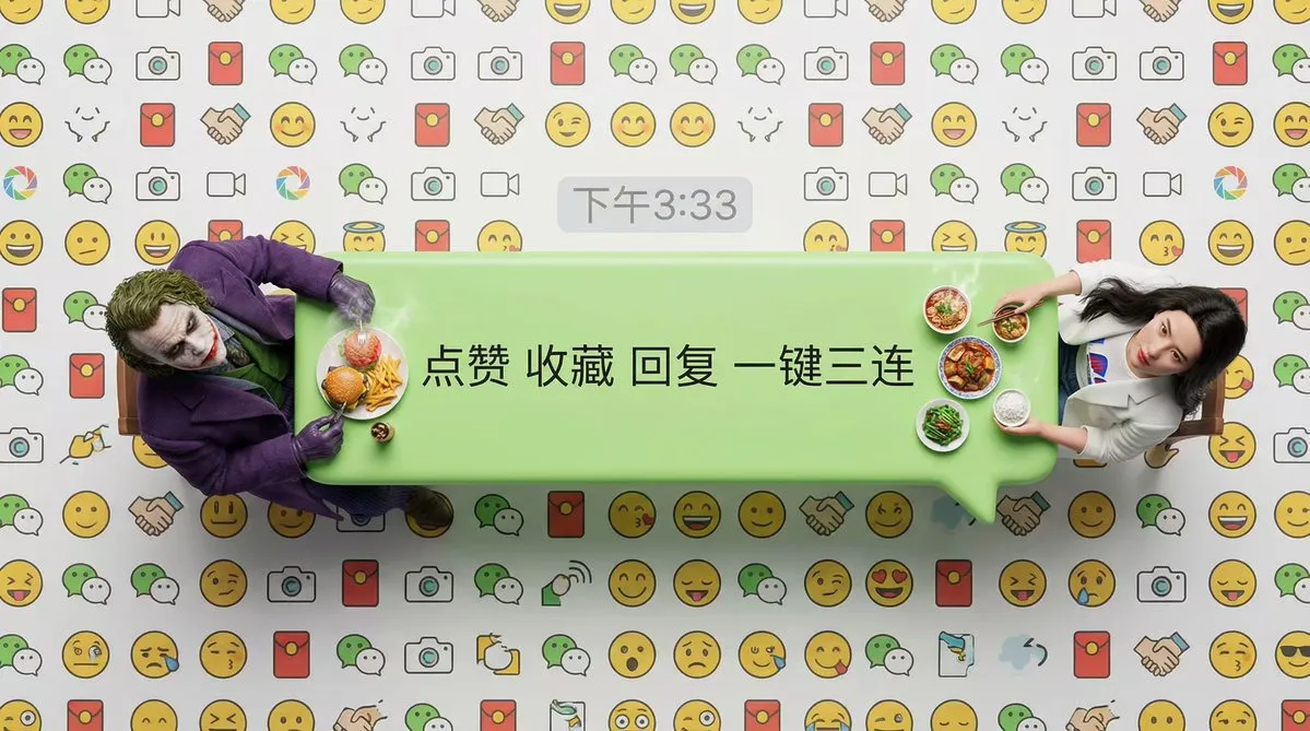Миниатюрные люди сидят за столом в форме пузыря WeChat на фоне фирменного узора. · пример 4