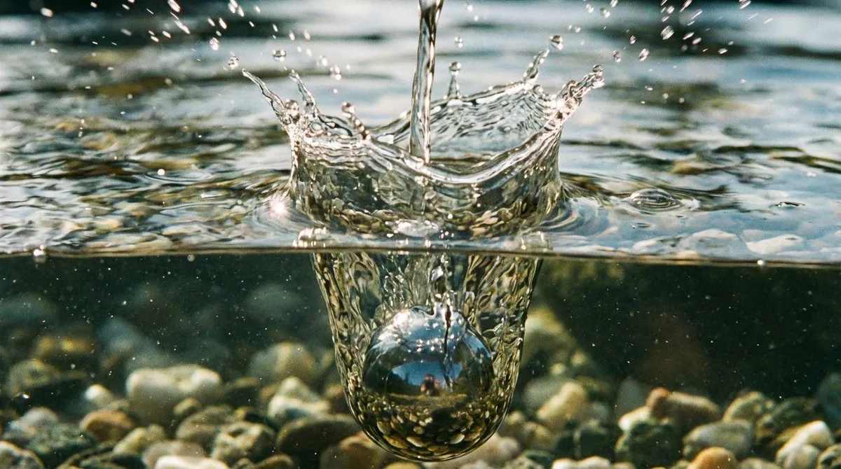 Металлический шар падает в воду, поднимая реалистичные брызги. · пример 3