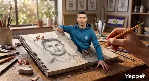 Пример промпта для 3D-изображения Messi и Ronaldo, выходящих из альбома для эскизов