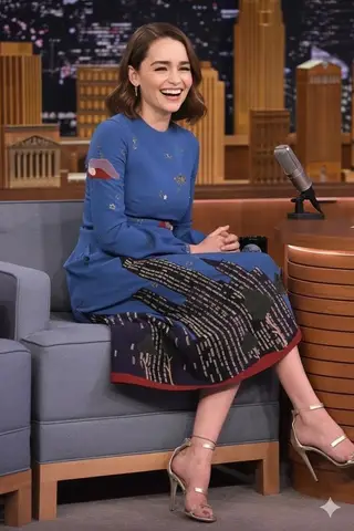 Промпт для портрета актрисы, вдохновлённой Emilia Clarke, на сцене ток-шоу рядом с Jimmy Fallon.