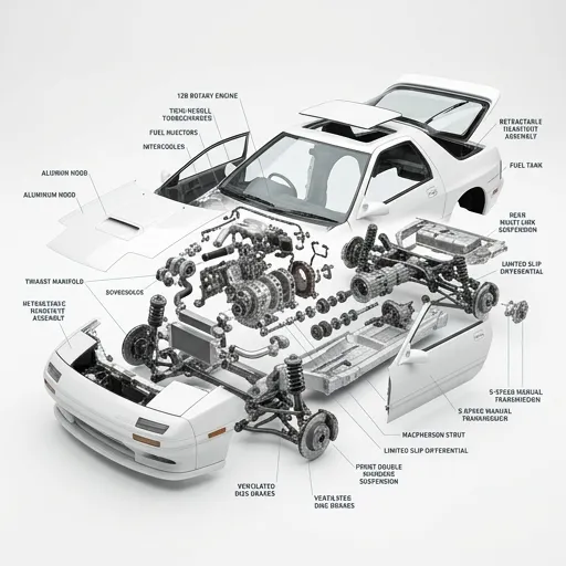 Техническая визуализация автомобиля Mazda RX-7 FC3S с разнесёнными компонентами на белом фоне. · пример 2