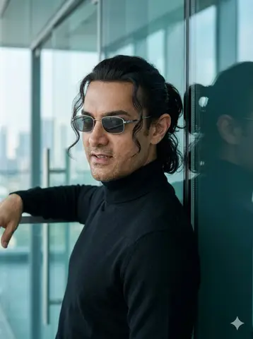 Промпт для портрета Shah Rukh Khan у современного стеклянного здания.